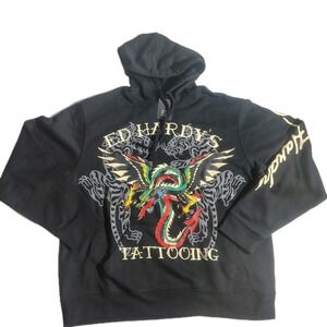(XL) Don Ed Hardy Dragon Tattoo Men's Black Fleece Hoodie Sweatshirt Graphic Y2K